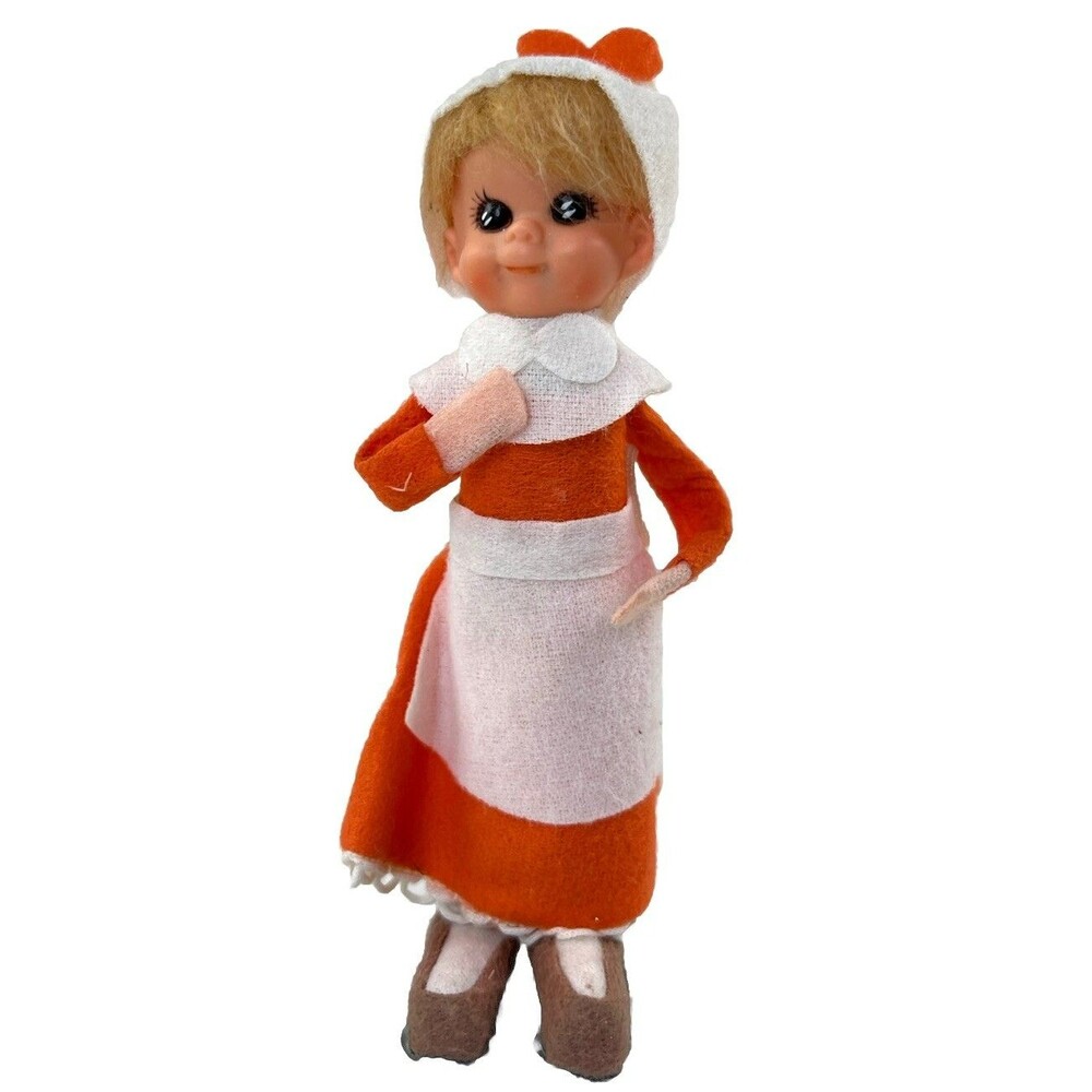 Vintage Thanksgiving Girl Pixie Elf Pilgrim Felt Figure 6" Made in Japan Kitschy
